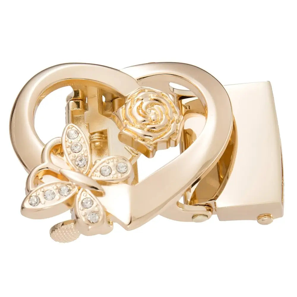 Gold-toned heart-shaped belt buckle with rose and jeweled butterfly embellishments
