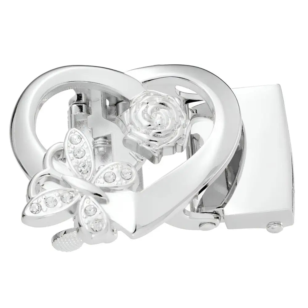 Silver heart-shaped jewelry clasp featuring a butterfly and rose embellishments