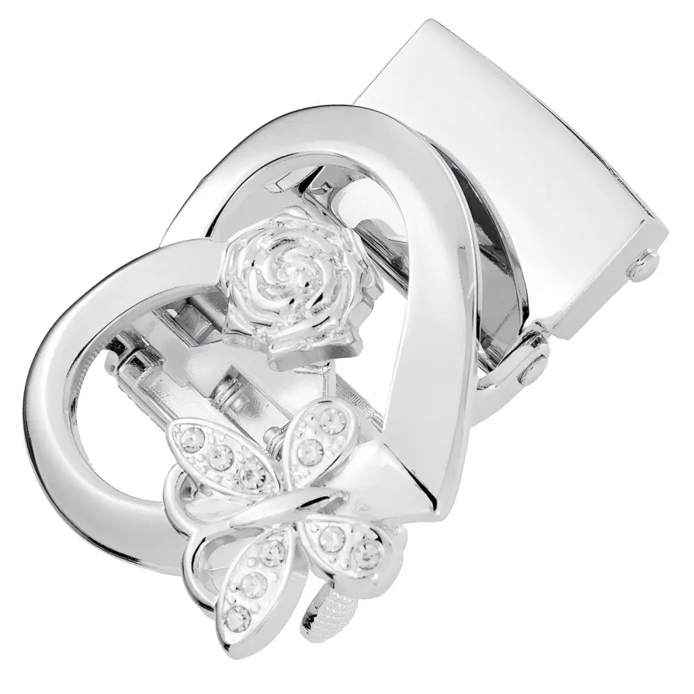 Silver heart-shaped belt buckle with rose and dragonfly embellishments for elegant fashion accessories