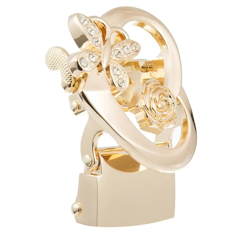 Gold-toned hair clip with dragonfly and rose accents on Heart-Shaped Belt Buckles