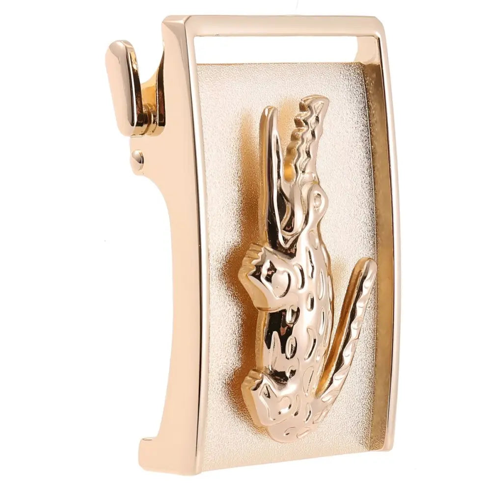 Gold-colored belt buckle with alligator design for men’s black crocodile belt