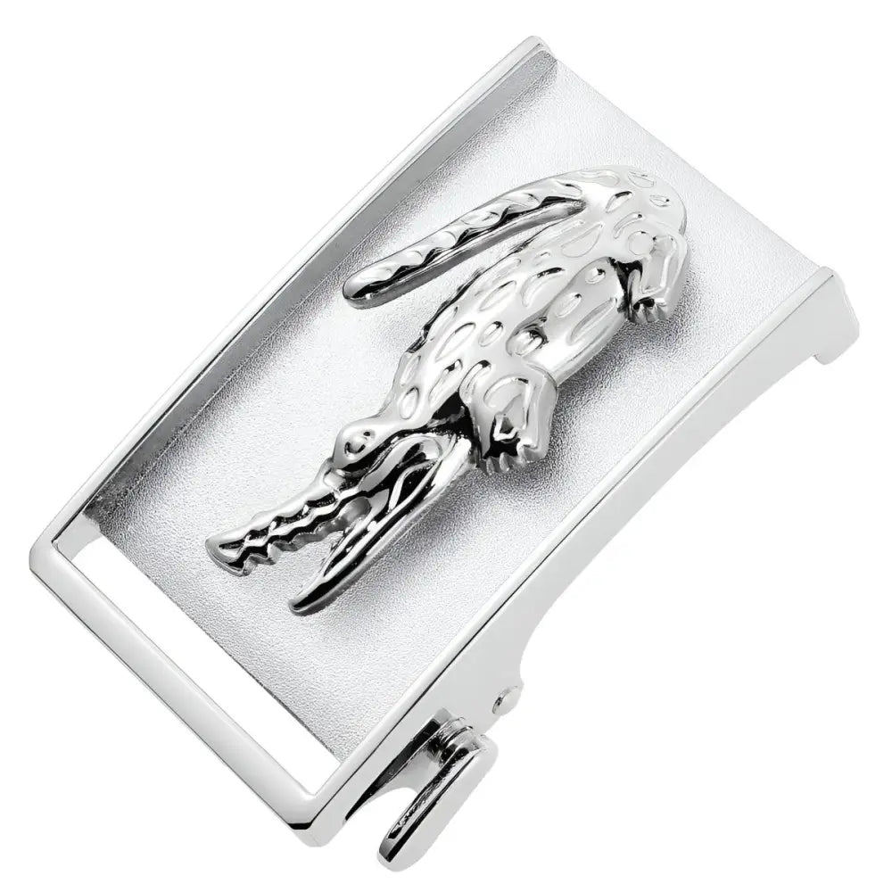 Silver crocodile belt buckle featuring a black crocodile design for men