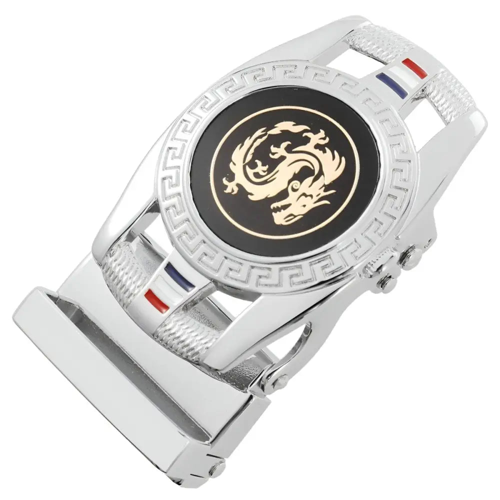 Silver belt buckle with intricate dragon design, perfect for your elegant wardrobe