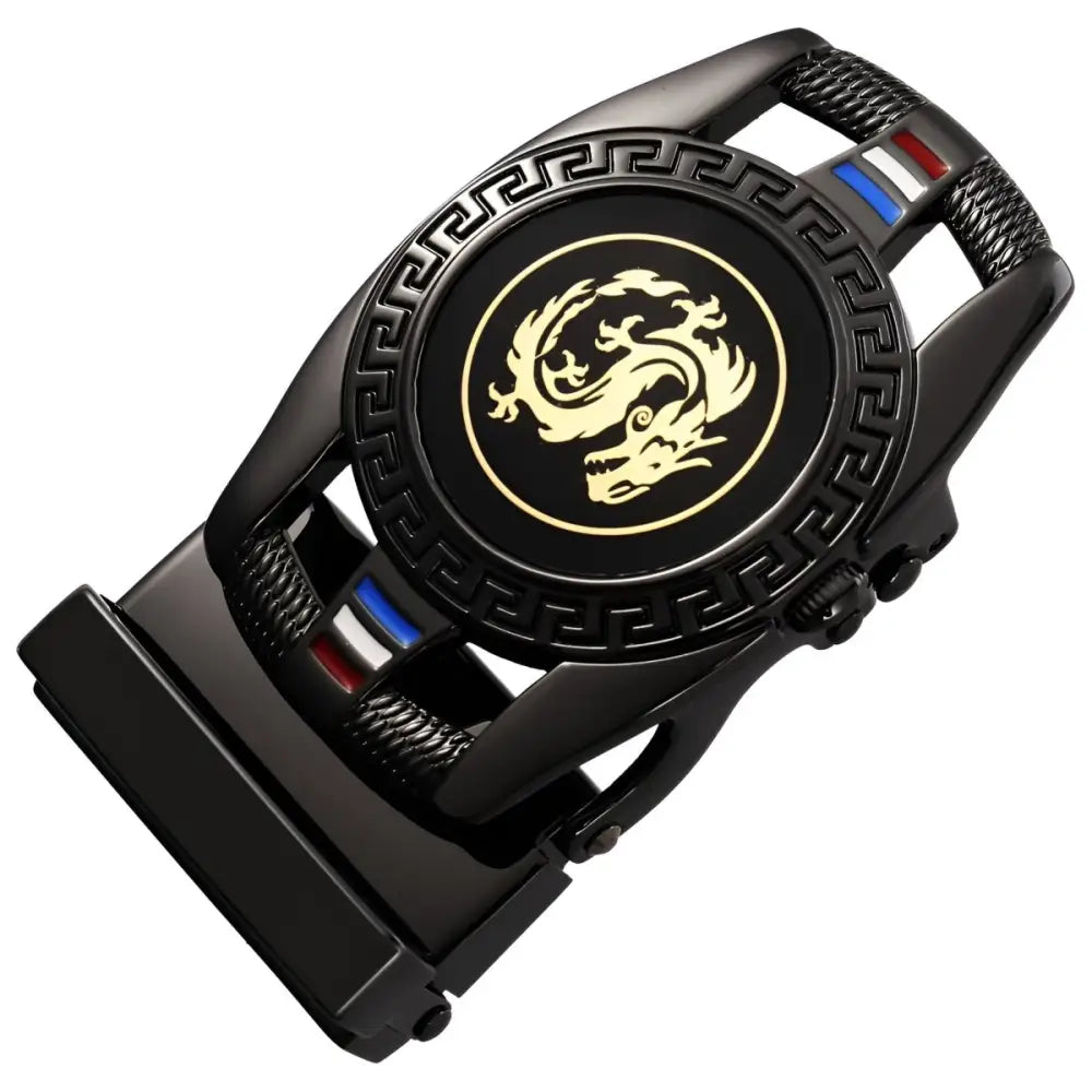Black belt buckle with detailed dragon design showcased in Gold Belt Buckle Featuring Dragon Emblem