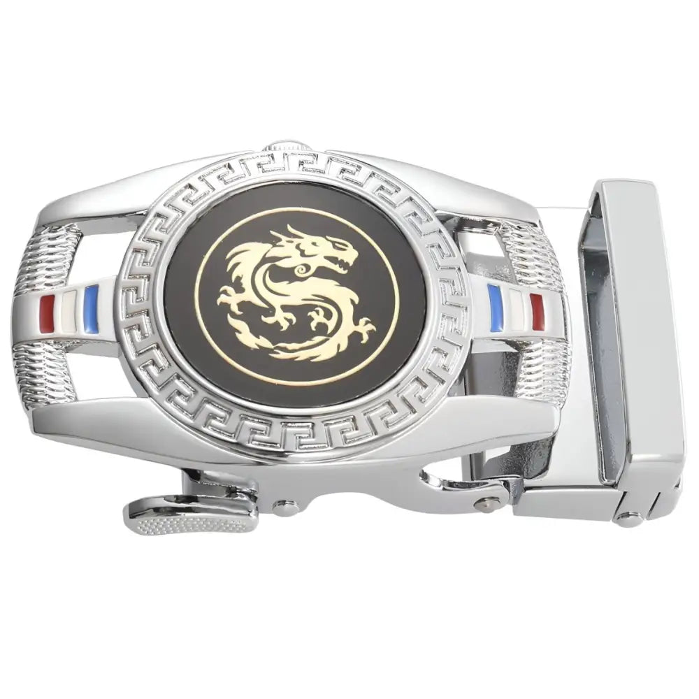Silver belt buckle with detailed dragon emblem, ideal for unique belt accessories