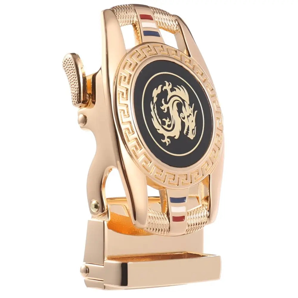 Gold-colored belt buckle with dragon emblem, crafted for style and durability