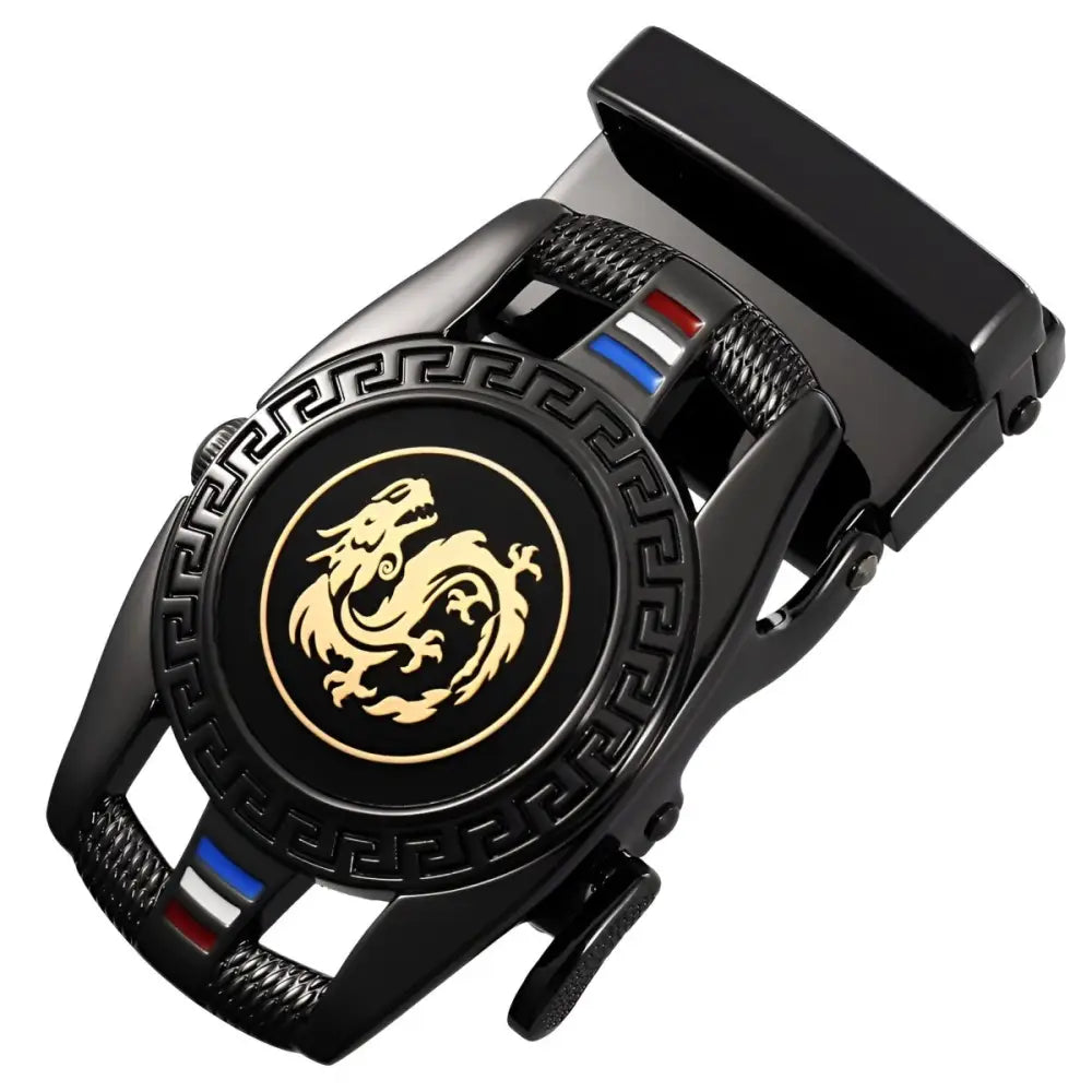 Black belt buckle with gold dragon emblem, stylish accessory for dress and casual belts