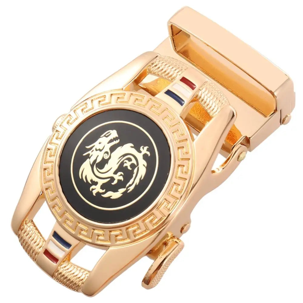 Gold-toned belt buckle featuring intricate dragon emblem for stylish fashion accessory