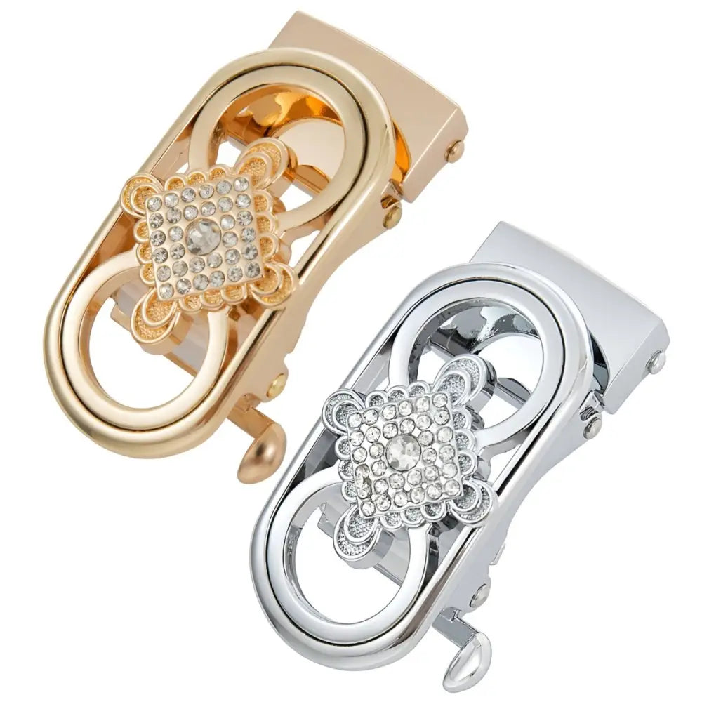 Gold and silver jeweled Tessie Automatic Belt Buckle with intricate embossed design