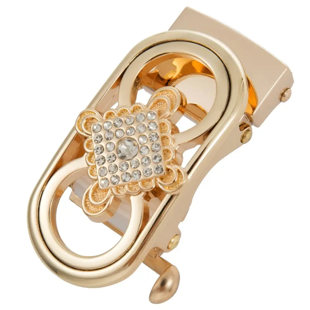 Gold-toned tessie automatic belt buckle with rhinestone embellishments for elegant style