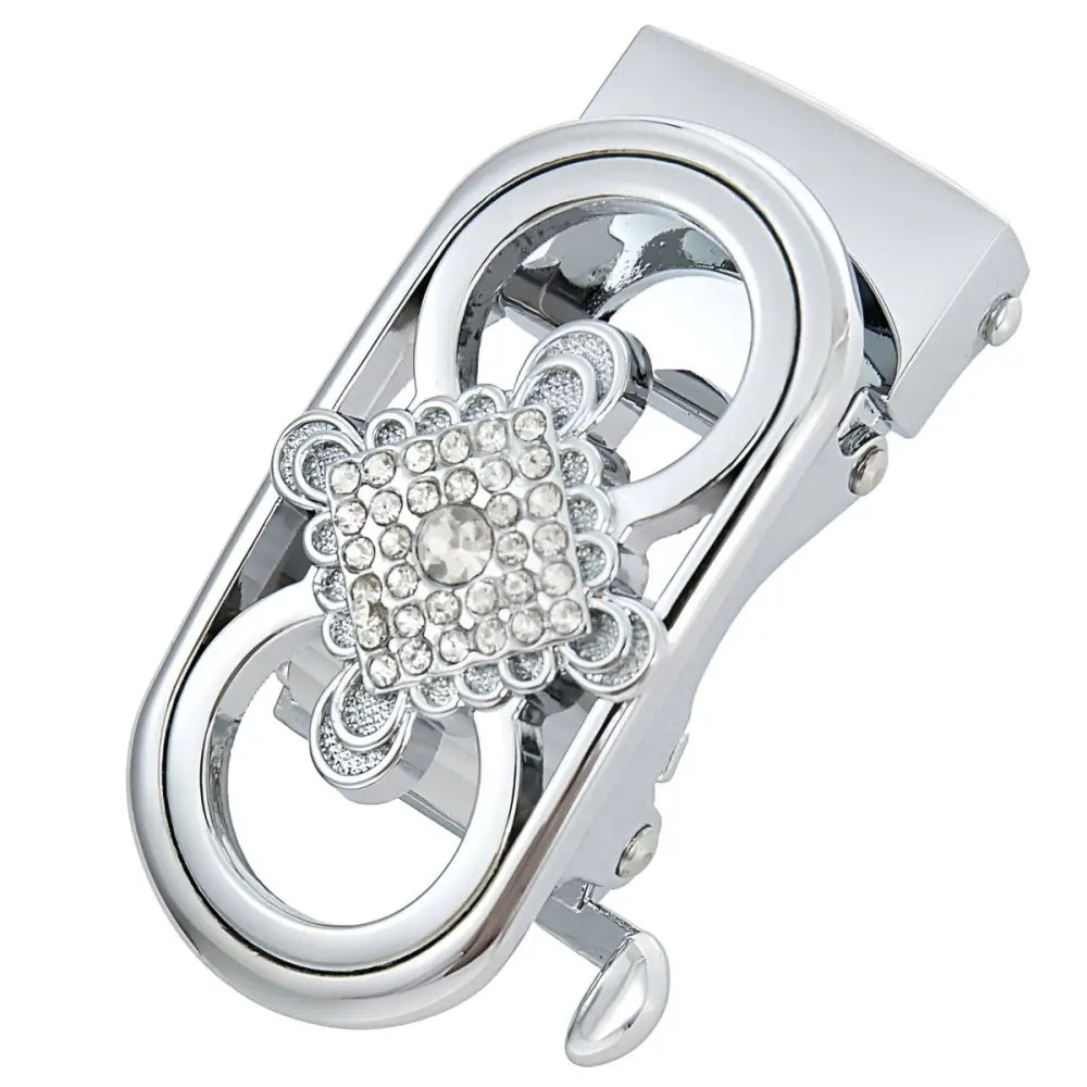 Shiny silver Tessie Automatic Belt Buckle with rhinestone embellishments, automatic belt buckle design