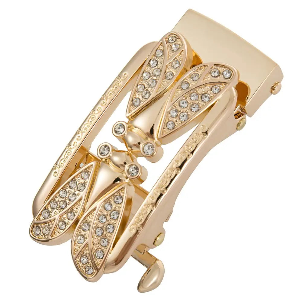 Gold-toned rhinestone dragonfly belt buckle for elegant accessories feature