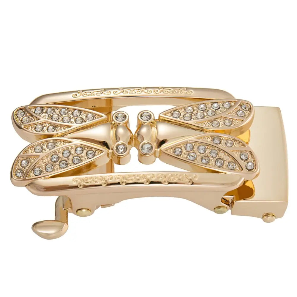 Gold-toned rhinestone dragonfly belt buckle for elegant accessories showcasing intricate design