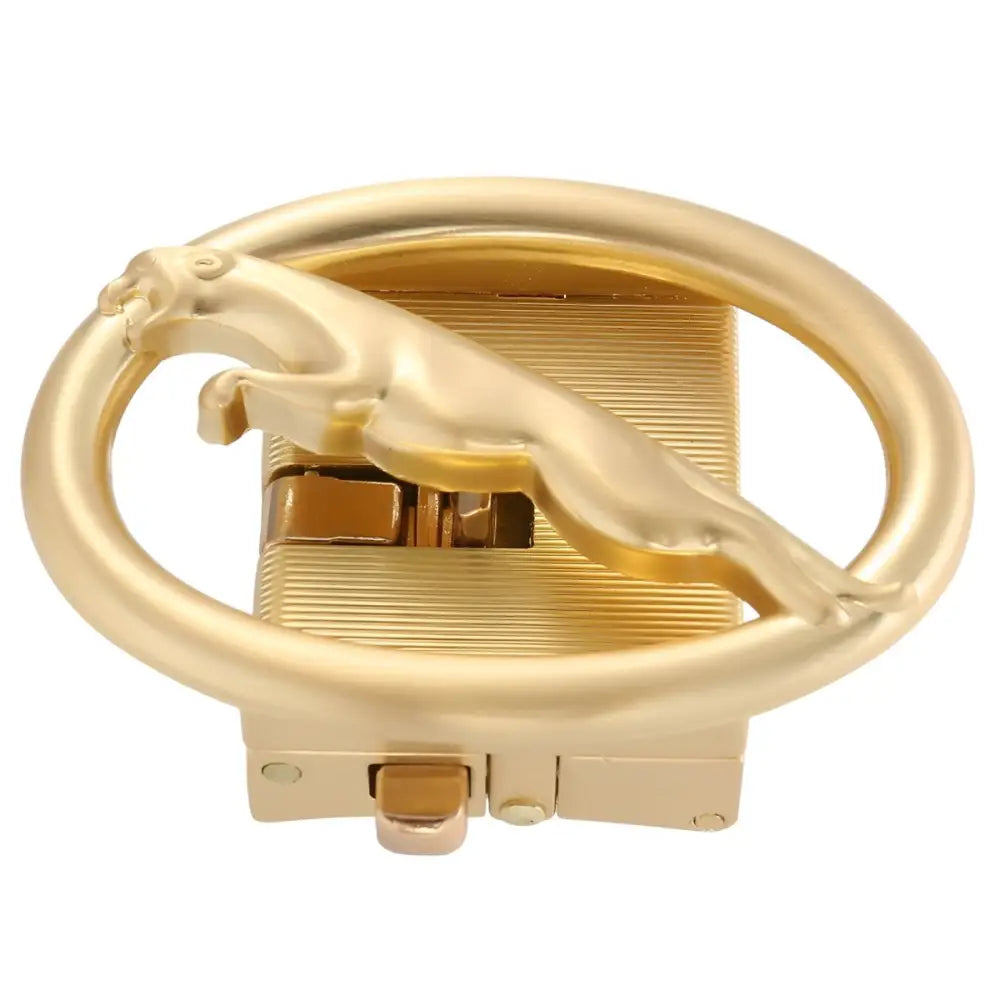 Gold-toned jaguar belt buckle featuring Basile Puma motif and Jaguar emblem for stylish appeal