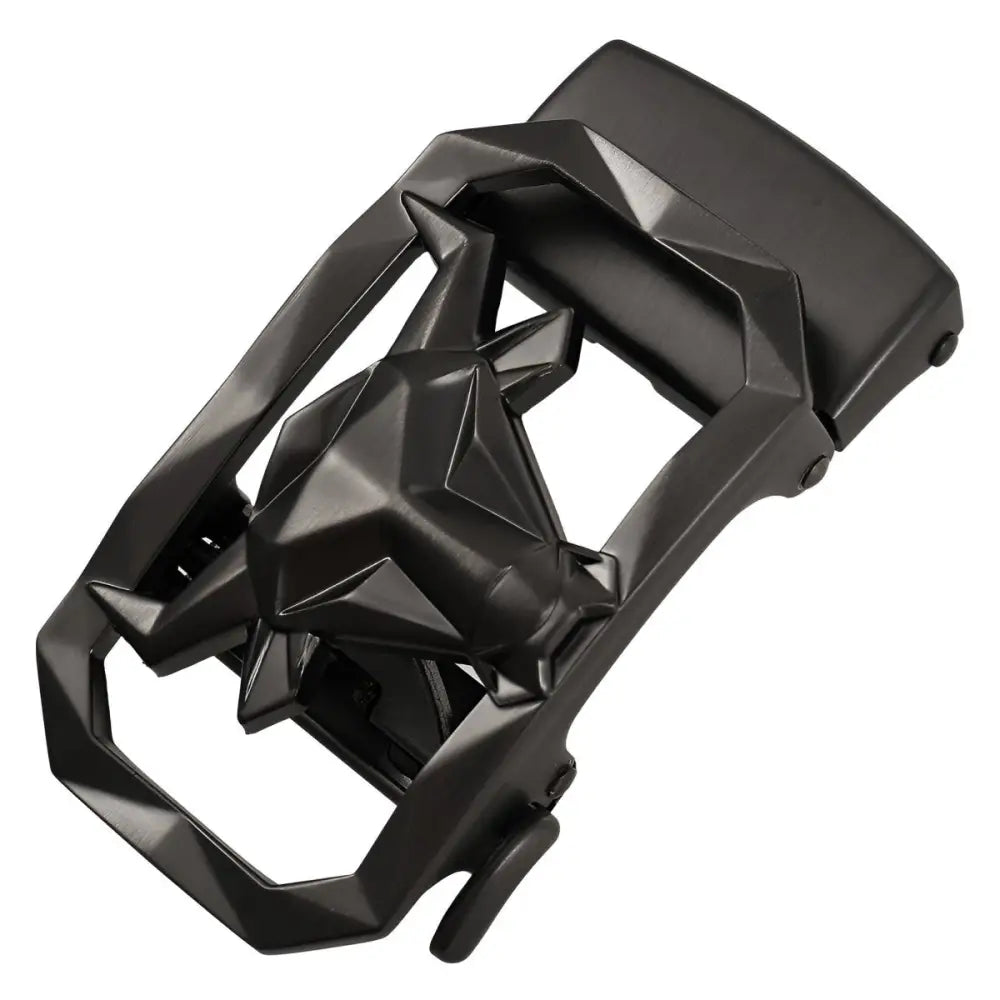 Black geometric belt buckle featuring star and bull design for stylish accessory wear