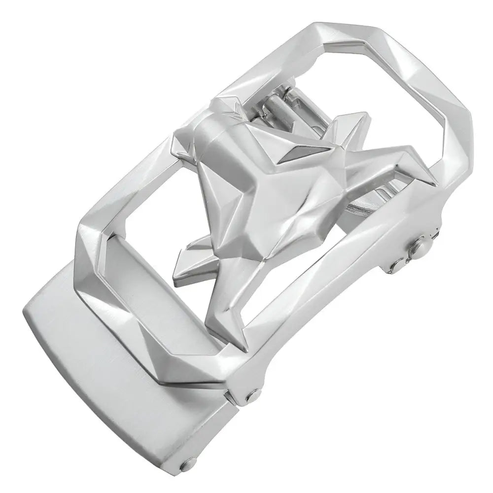 Silver wolf head belt buckle featured in Gunmetal Belt Buckle with Geometric Star and Bull Design