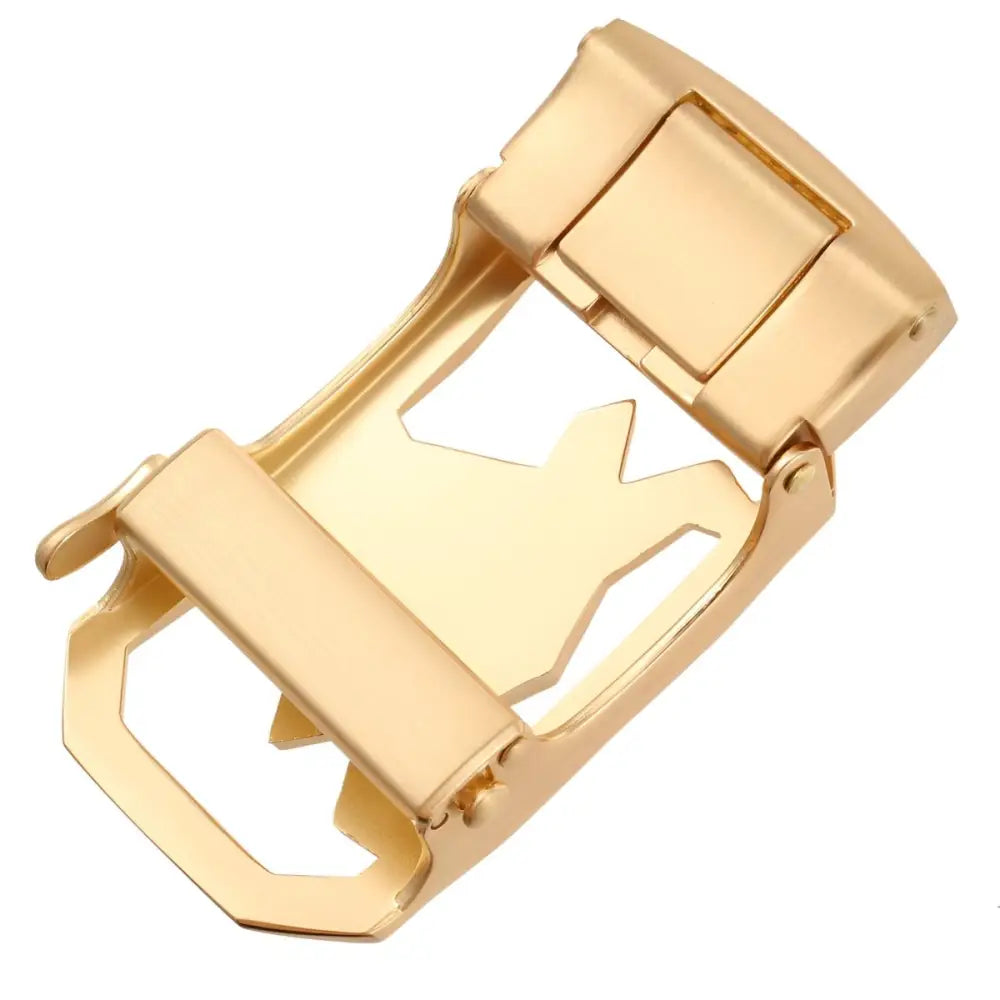 Gold-colored ratchet belt buckle featuring geometric star and bull design