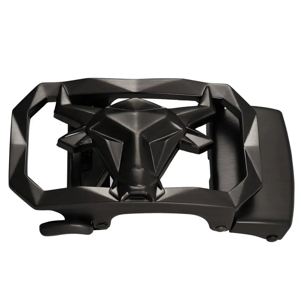 Black bull-shaped belt buckle from the Gunmetal Belt Buckle with Geometric Star and Bull Design collection