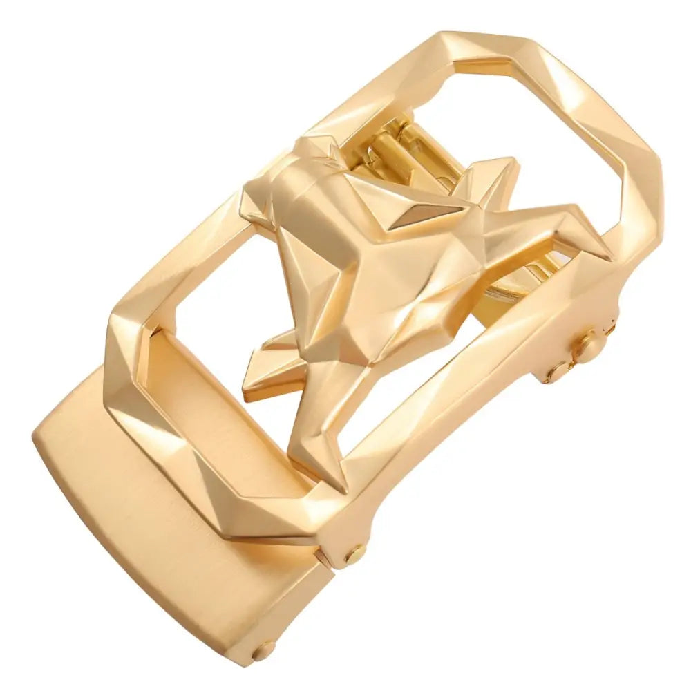 Gold-colored belt buckle featuring a geometric horse design for stylish Western wear