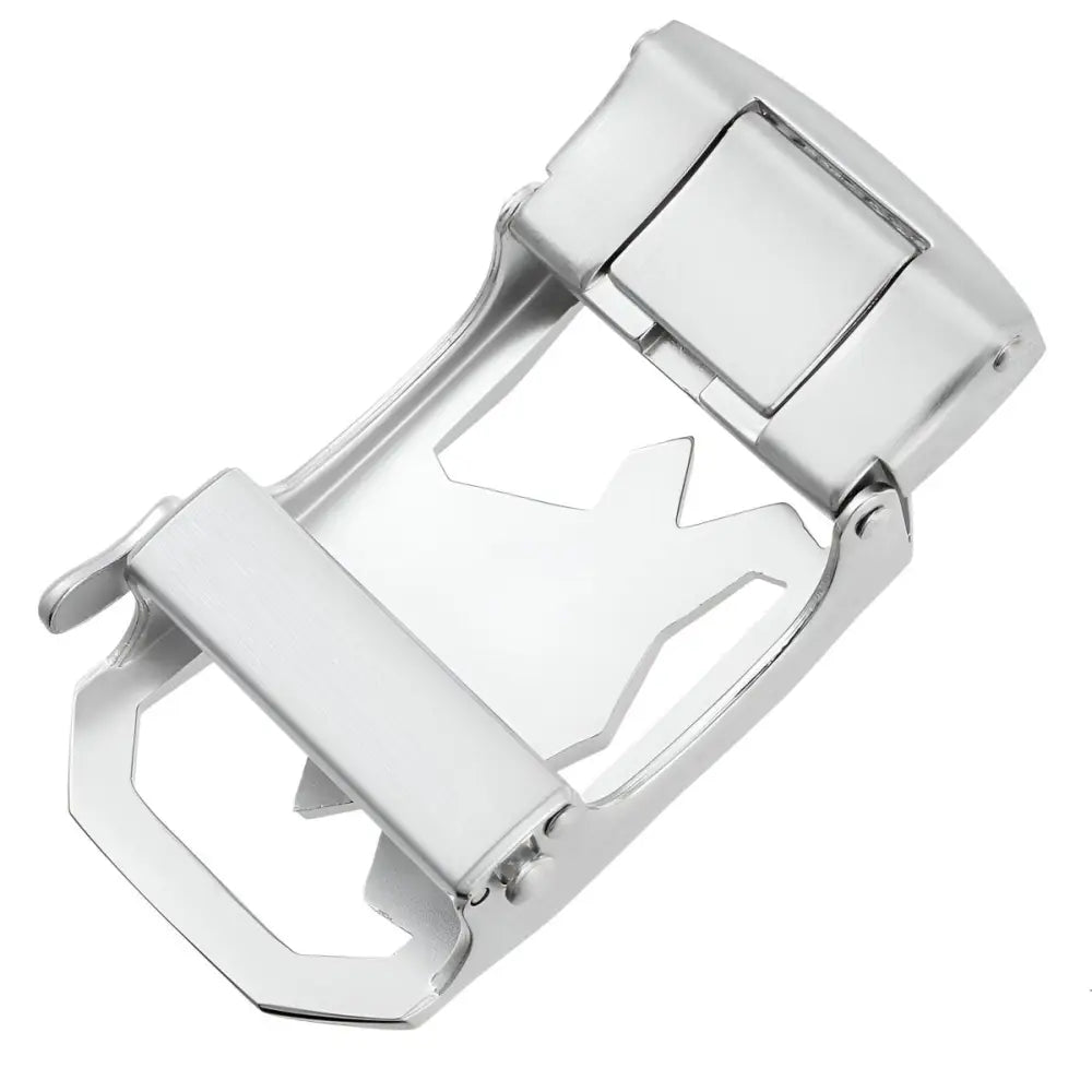 Silver metal belt buckle featuring a gunmetal finish with geometric star and bull design