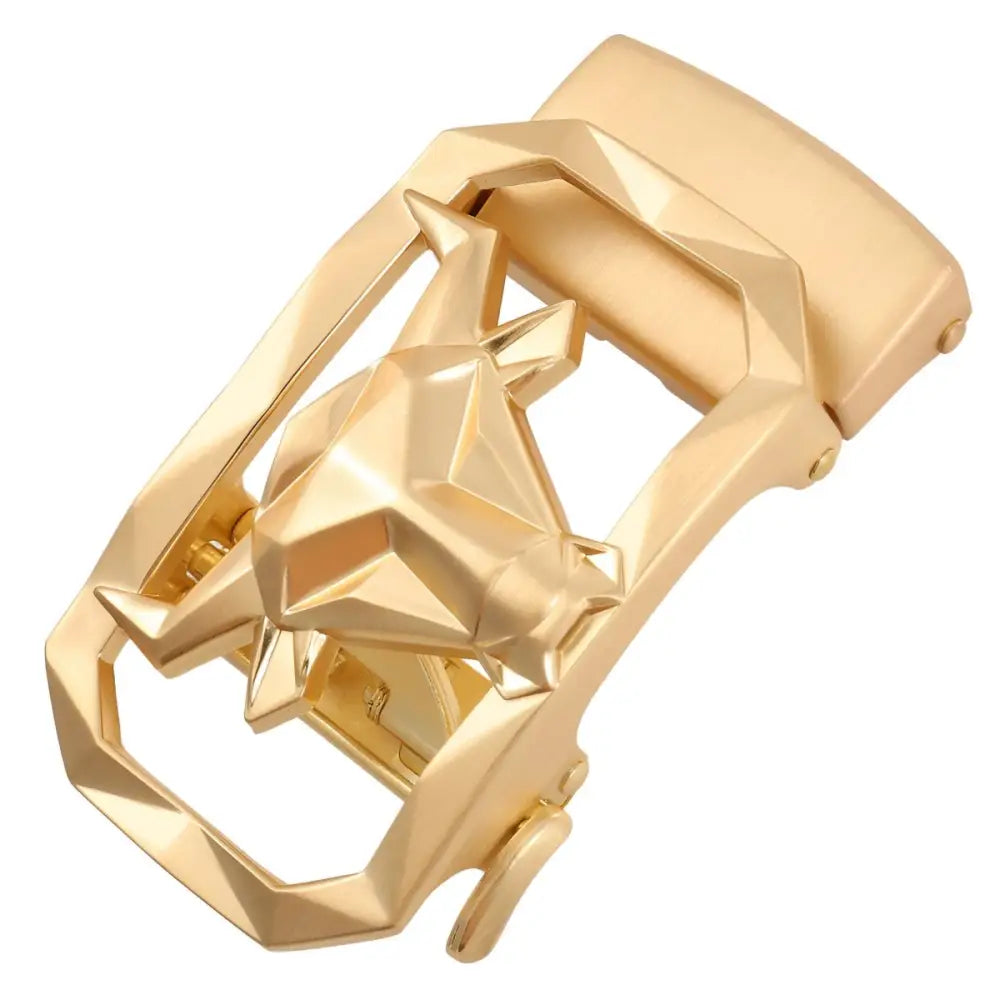Gold-colored bull-shaped belt buckle displayed on Gunmetal Belt Buckle with Geometric Star and Bull Design