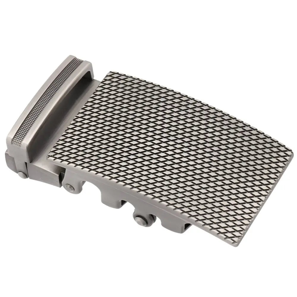 Silver-toned metal belt buckle with textured surface for stylish wear and durability
