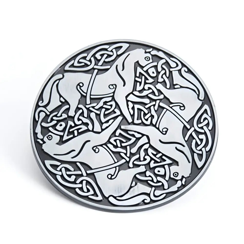 Celtic belt buckle with Celtic knotwork and three hares pattern in silver design