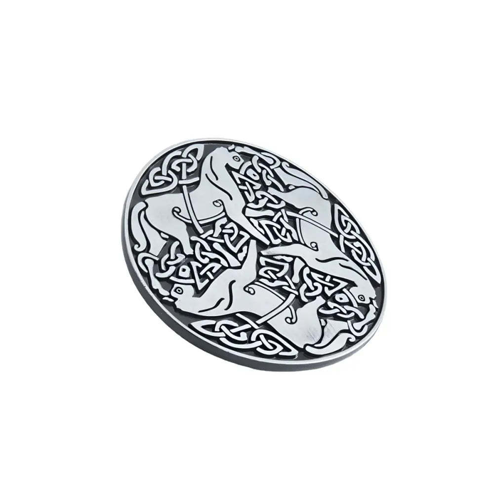 Silver Celtic belt buckle featuring knotwork and three hares pattern for stylish Celtic belts