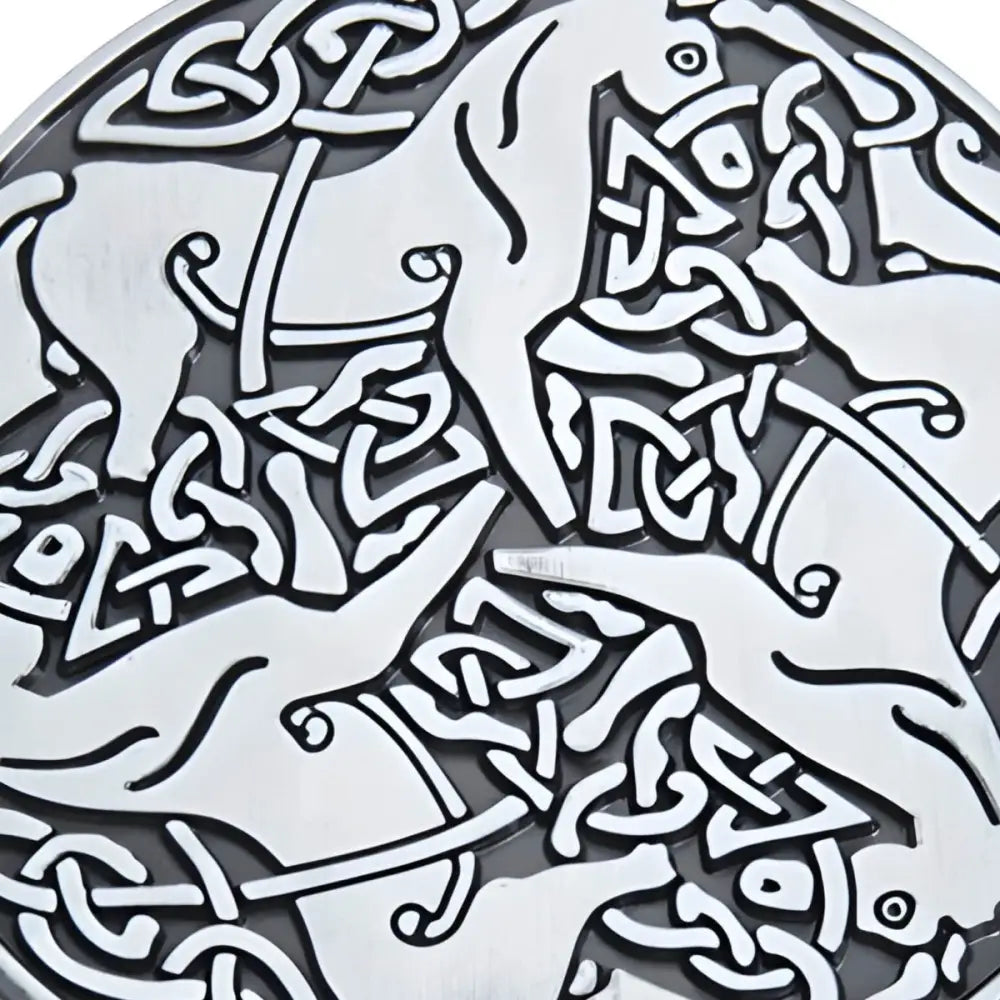 Celtic belt buckle with knotwork horses and Three Hares pattern design