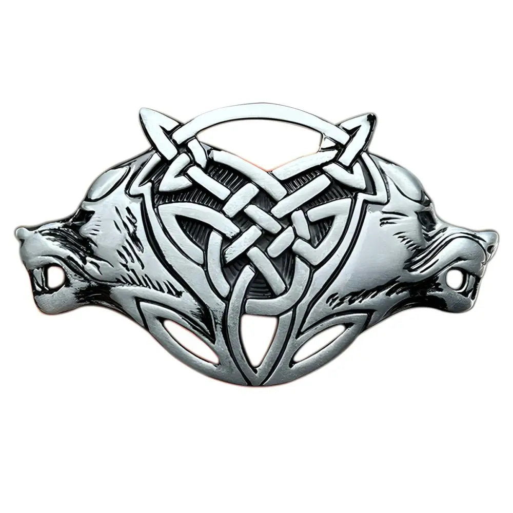 Silver-colored two-headed wolf brooch with Celtic knotwork, ideal for Celtic belt buckles