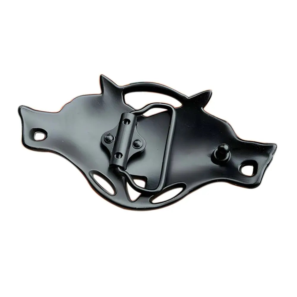 Black metal belt buckle featuring a wolf head design for Celtic belts and Celtic belt buckles