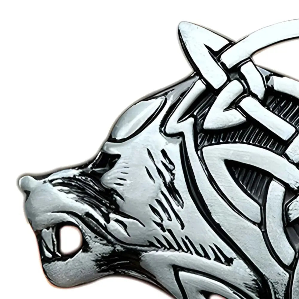 Silver Celtic Knot Wolf Head Belt Buckle for Celtic Belts showcasing intricate design