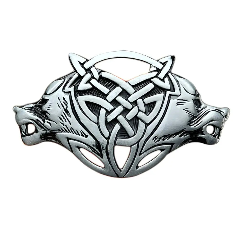 Silver-colored two-headed wolf brooch with Celtic knotwork, ideal for Celtic belts and belt buckles