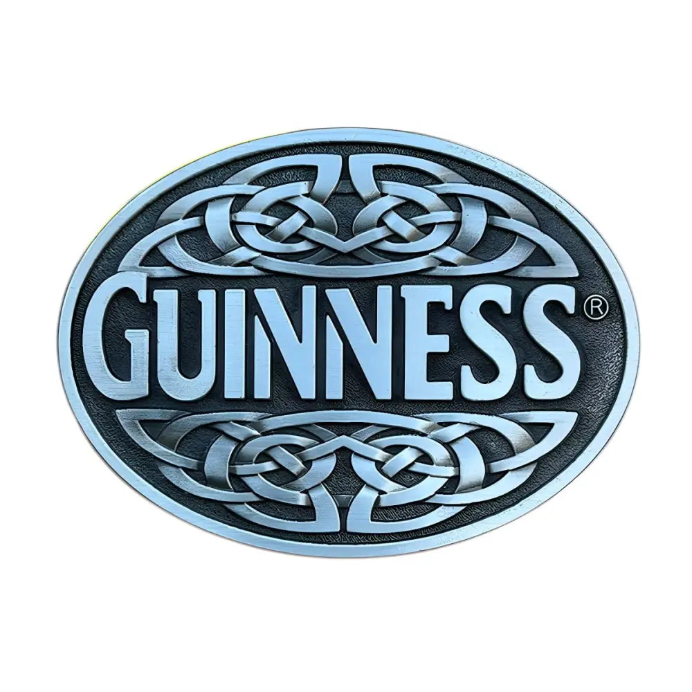 Oval Guinness emblem belt buckle with Celtic knot design for a stylish accessory
