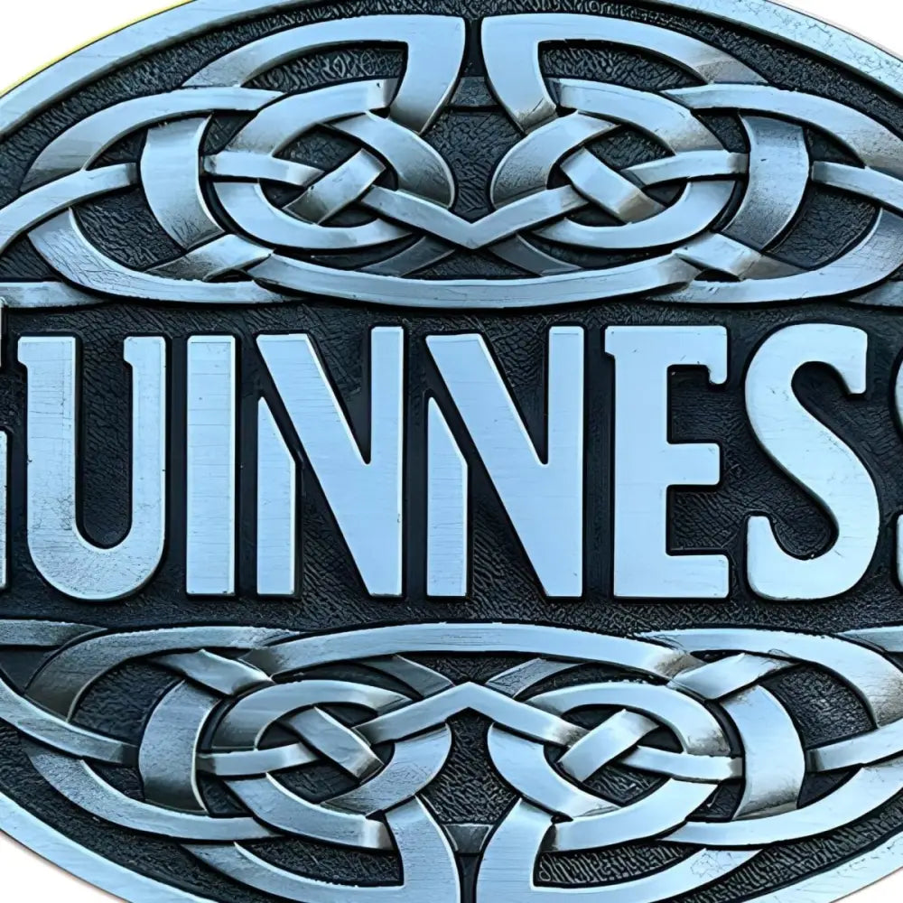 Guinness Celtic Knot belt buckle featuring oval logo design and intricate Celtic knot detail