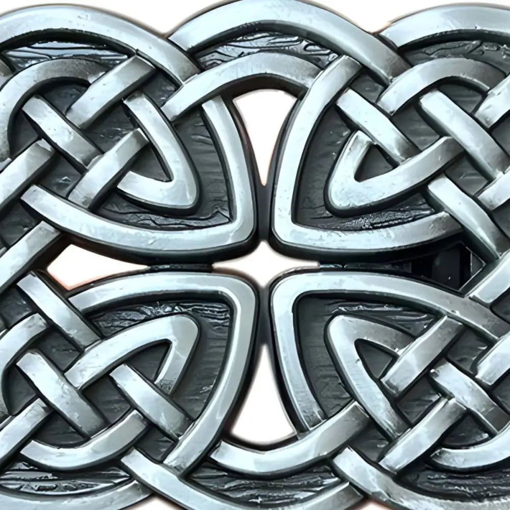 Intricate silver Celtic knot design on Brigal Celtic belt with Celtic belt buckle in gold, black, or bronze