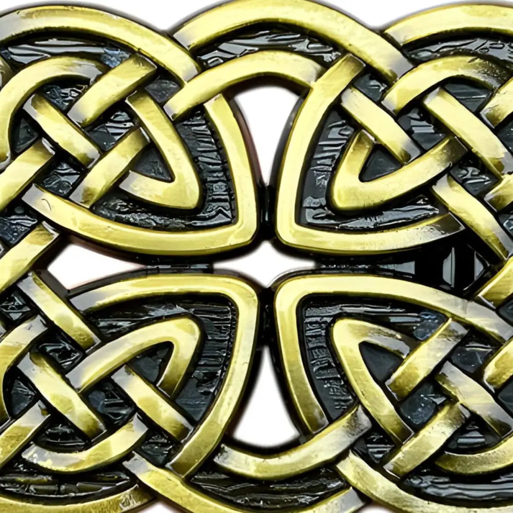 Intricate gold and black Celtic knot belt buckle on Brigal Celtic belt product