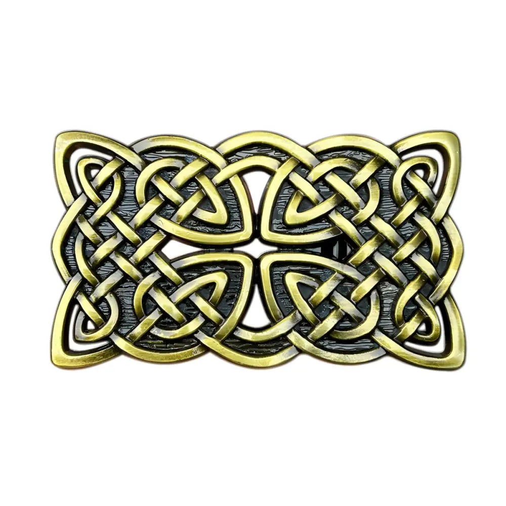 Bronze-colored Celtic knot buckle on Brigal Celtic Belt showcasing intricate design