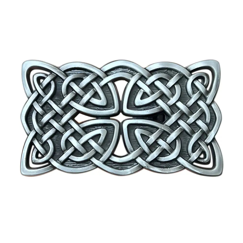 Silver Celtic knot belt buckle on Brigal Celtic Belt showcases intricate Celtic design