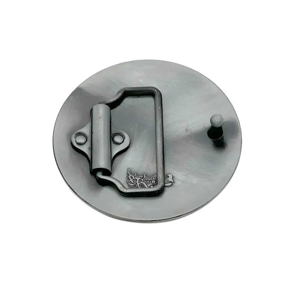Round metal belt buckle showcasing the Cadou Model in Bronze or Metal design