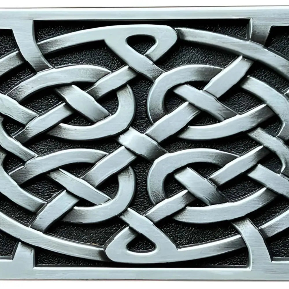Silver Celtic knot belt buckle displayed on an elegant men’s and women’s accessory product