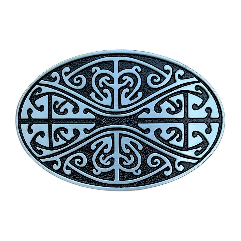 Oval Maori-patterned belt buckle featuring ancient Celtic design with silver and black elements