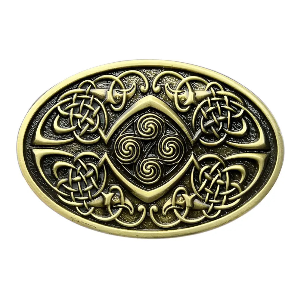 Oval Celtic knot brooch on Silver Celtic Knot Maodan Belt Buckle showcasing intricate design