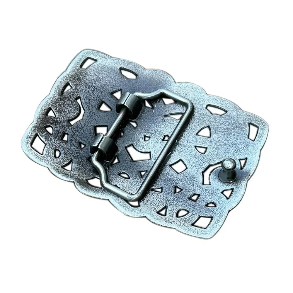 Ornate silver Celtic knot belt buckle with intricate metal work for a stylish metig belt