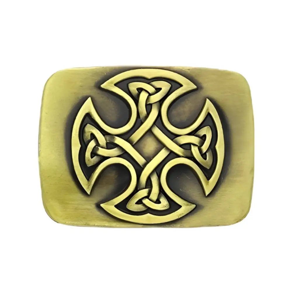 Bronze-colored belt buckle with Celtic knot design and brass finish for authentic style