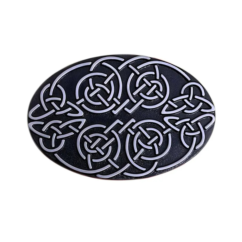 Oval black Celtic knot design on a Piarik belt buckle for Celtic Piarik belts
