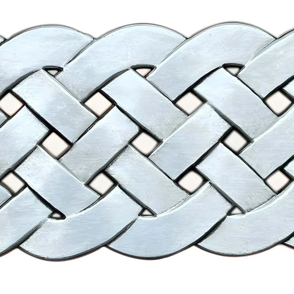Silver braided metal belt buckle with Celtic knot design for a stylish accessory