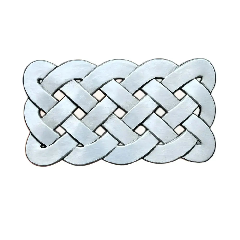 Silver Celtic knot belt buckle featuring an intricate braided metal design for timeless style