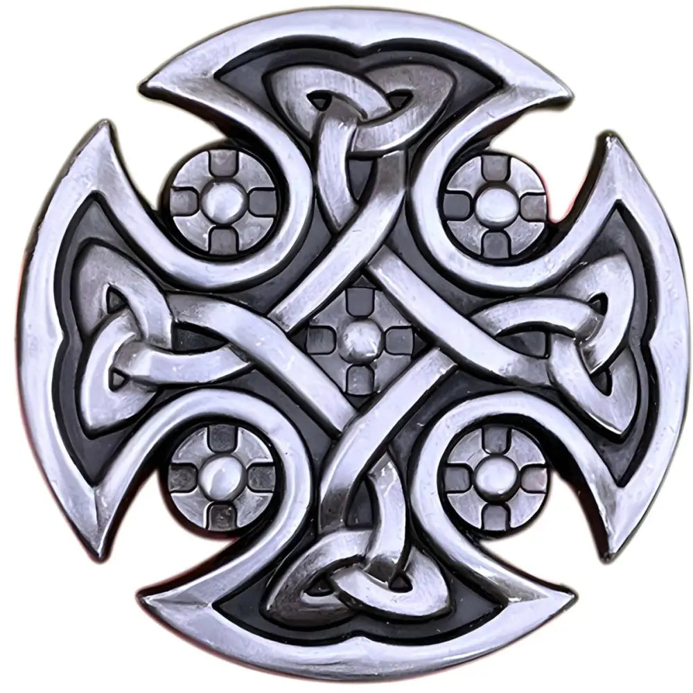 Intricate silver Celtic cross belt buckle designed for Sezni belts and belt accessories