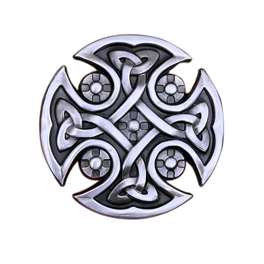Silver Celtic knot cross belt buckle for Sezni belts showcasing intricate design